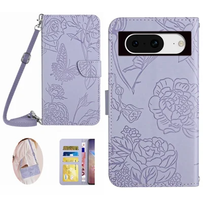 HT03 Für Google Pixel 8a Case Bedruckter PU-Leder Handy-Cover mit langem Gurt - Lila
