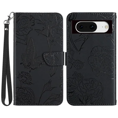 HT03 For Google Pixel 8a Cover Leather Stand Phone Wallet Case with Wrist Strap - Black