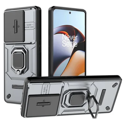 غطاء لهاتف OnePlus 11R 5G / Ace 2 5G مع غطاء عدسة منزلق وحوامل دوارة من مادة البولي كربونات والمطاط الحراري - رمادي