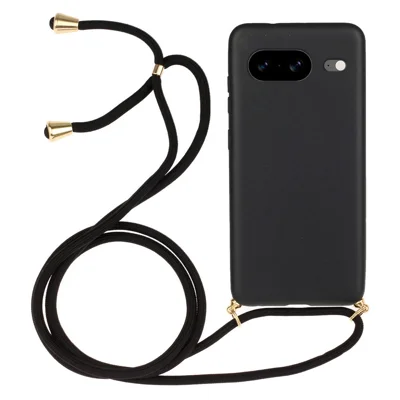 For Google Pixel 8 Back Case Wheat Straw + TPU Shockproof Phone Cover with Adjustable Lanyard - Black