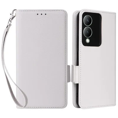 For vivo Y17s 4G / Y28 5G / Y33t (2023) V2317A Case Mobile Phone Litchi Texture Leather Cover with Strap - White