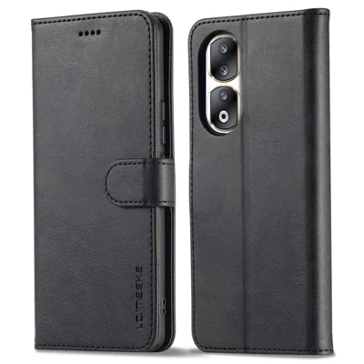 LC.IMEEKE For Honor 90 Pro Case PU Leather+TPU Calf Texture Phone Cover - Black