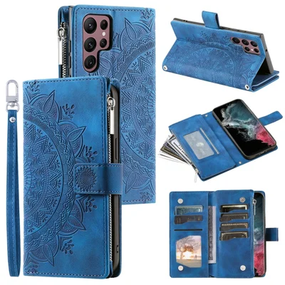 For Samsung Galaxy S24 Ultra Case Imprinted PU Leather Phone Cover Wallet with Strap - Blue