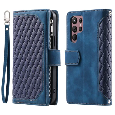 For Samsung Galaxy S24 Ultra Case Zipper Pocket Rhombus Leather Cover with Strap - Blue