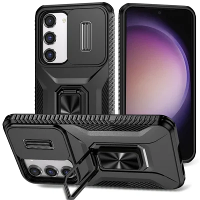 For Samsung Galaxy S23 Case Slide Lens Lid PC+TPU Phone Kickstand Cover - Black