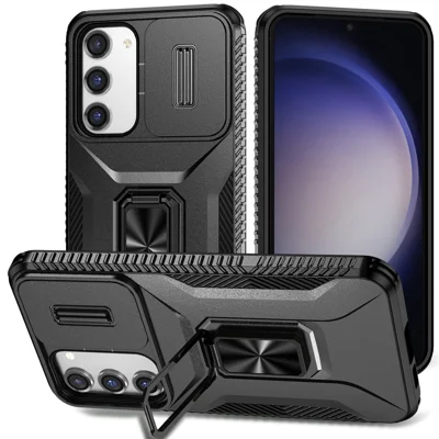 For Samsung Galaxy S23+ Case Slide Lens Lid Anti-scratch PC+TPU Phone Kickstand Cover - Black