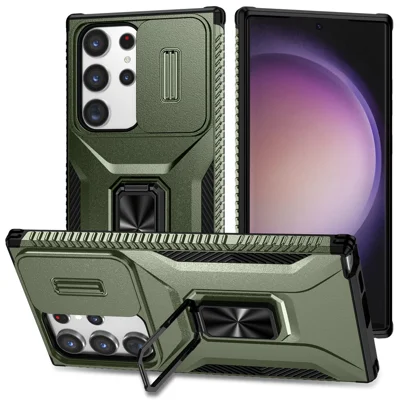 For Samsung Galaxy S23 Ultra Case Slide Lens Lid PC+TPU Phone Cover Kickstand Shell - Green