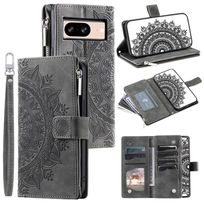 For Google Pixel 8 Case Magnetic PU Leather Wallet Phone Cover with Strap - Grey