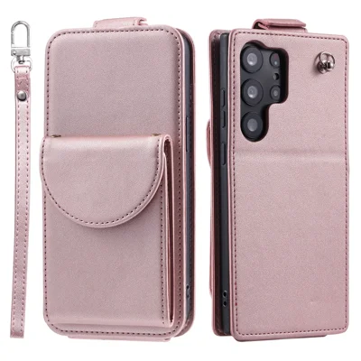 Voor Samsung Galaxy S23 Ultra Hoesje Leer+TPU Standhoes Verticaal Flip Telefoonhoes - Roze Goud