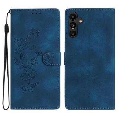For Samsung Galaxy A05s 4G Slim-Fit Leather Cover Imprinted Flower Phone Stand Case Wallet - Blue