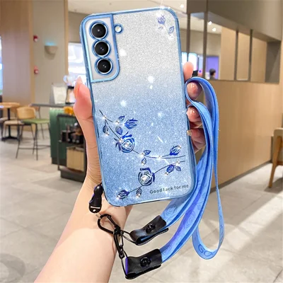 KADEM For Samsung Galaxy S21 FE 5G Case Rhinestone Flower TPU Cover with Strap - Blue