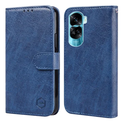 For Honor 90 Lite 5G / Honor X50i 5G Phone Stand Cover PU Leather Wallet Case Solid Color Shell - Dark Blue