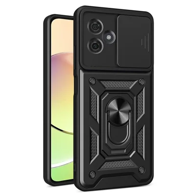 Voor Motorola Moto G54 5G / G54 Power 5G hoesje met schuifbare lensbeschermer, PC+TPU ringstandaard, valbestendige telefoonhoes - Zwart