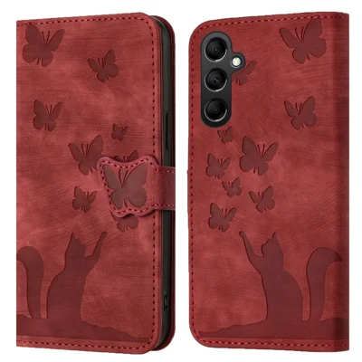 For Samsung Galaxy A15 5G Case Butterfly Cat Imprinted PU Leather Phone Cover - Red