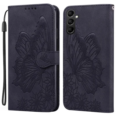 For Samsung Galaxy A15 5G Case Big Butterfly Imprinted PU Leather Phone Cover with Wrist Strap - Black