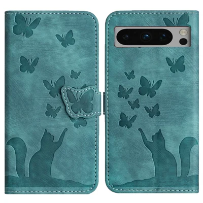 For Google Pixel 8 Pro Case Butterfly Cat Imprinted Wallet Phone Leather Cover - Blue
