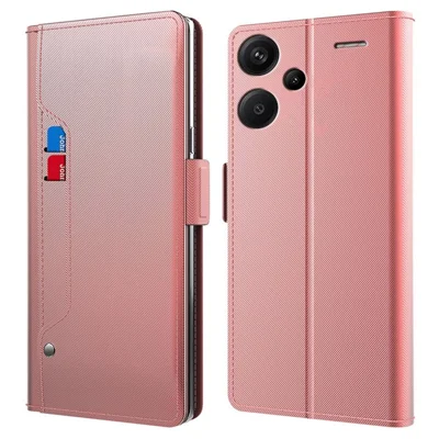 Чехол-подставка для Xiaomi Redmi Note 13 Pro+ 5G с зеркалом, из искусственной кожи с отделением для карт — розовое золото