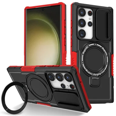 Voor Samsung Galaxy S23 Ultra Hoesje Schuiflensvenster Steunstandaard Telefoonhoes - Rood / Zwart