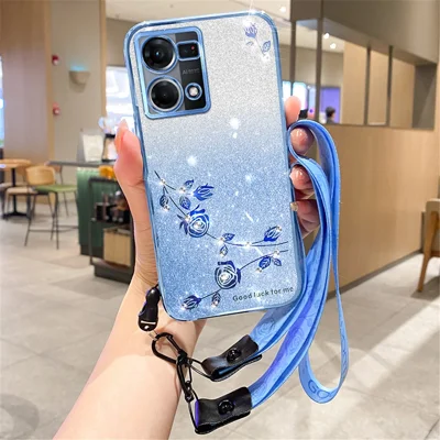 KADEM For Oppo Reno7 4G / Reno8 4G / F21 Pro 4G / F21s Pro 4G Case TPU Glitter Phone Cover with Strap - Blue