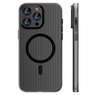 For iPhone 15 Pro Max Case PC Corrugated Texture Anti-drop Phone Cover Compatible with MagSafe - Grey Edge