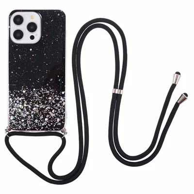 AW Series for iPhone 13 Pro TPU Phone Shell Case Sparkle Epoxy Phone Cover with Lanyard - Black