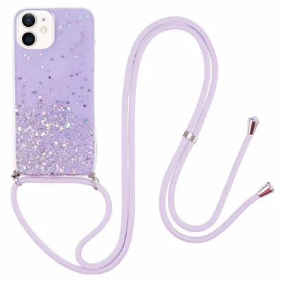 AW Series for iPhone 12 Pro / 12 Case Sparkle Epoxy TPU Phone Shell with Lanyard - Purple