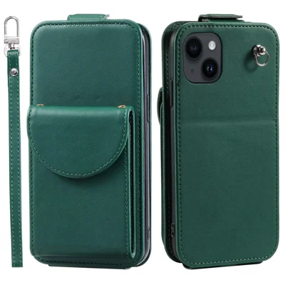 For iPhone 15 Case Phone Cover Leather+TPU Vertical Flip Phone Shell with Card Bag - Green