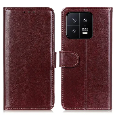 For Xiaomi 14 Case Crazy Horse Texture Phone Cover Magnetic Clasp PU Leather Wallet Shell - Brown