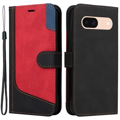 Für Google Pixel 8a Case Dreifarbiges Splicing Leder Brieftasche Ständer Abdeckung mit Riemen - Schwarz
