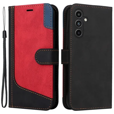For Samsung Galaxy A15 5G Case Three-color Splicing Wallet Stand Phone Cover with Strap - Black