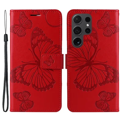 For Samsung Galaxy S24 Ultra Wallet Case Floral Butterfly Imprinted Leather Phone Cover Stand - Red