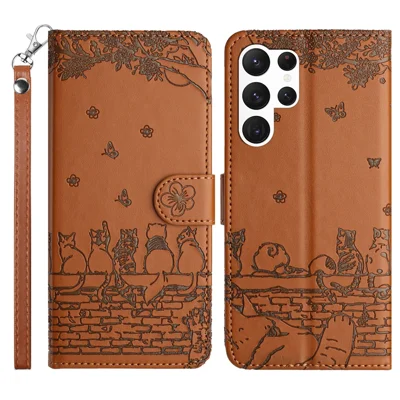 For Samsung Galaxy S24 Ultra Case Imprinted PU Leather Wallet Magnetic Phone Cover with Strap - Brown