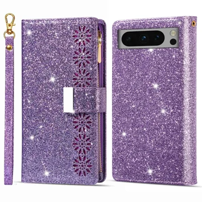 For Google Pixel 8 Pro Case Glittery Laser Carving Zipper Wallet Phone Cover - Purple
