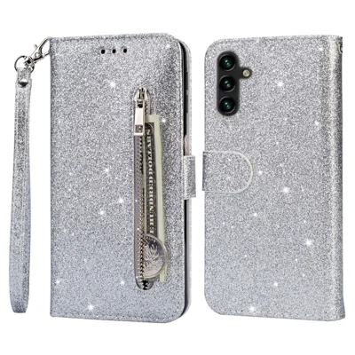 For Samsung Galaxy A24 4G (162.1 x 77.6 x 8.3mm) Case Zipper Pocket Glittery Phone Wallet Cover - Silver