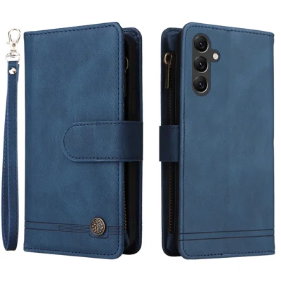 Hoesje voor Samsung Galaxy A15 5G met meerdere kaartvakken en portemonnee met ritsvak - Blauw