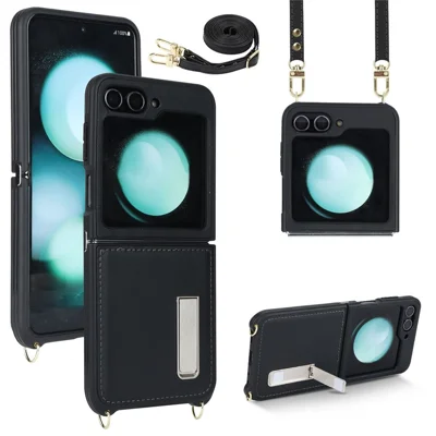For Samsung Galaxy Z Flip5 5G Case R20 Texture Leather + PC Kickstand Cover - Black
