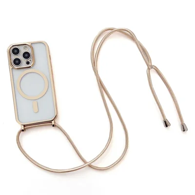 Capa para iPhone 15 Pro Compatível com MagSafe Eletroplatado Magnético Capa de Telefone Celular TPU com Cordão Longo - Dourado