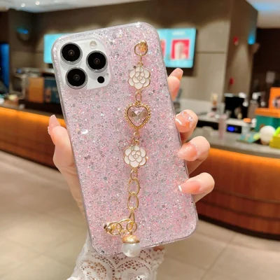 Glitter Epoxy TPU Case for iPhone 15 Pro Max Case Shockproof Phone Cover with Bracelet Strap - Pink