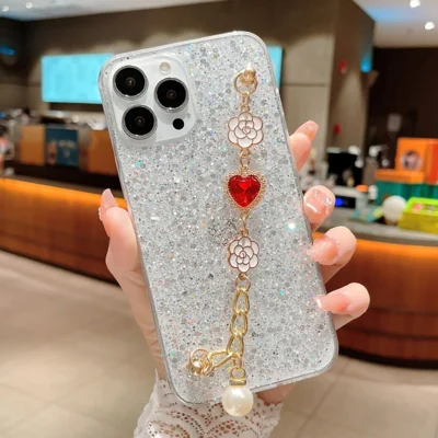 Støjsikker TPU-case til iPhone 15 Pro Case Glitter Epoxy Phone Shell med armbåndssnor - Sølv