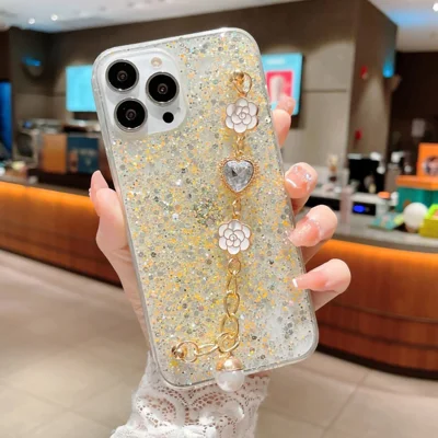 Shockproof TPU Case for iPhone 15 Pro Case Glitter Epoxy Phone Shell with Bracelet Strap - Yellow