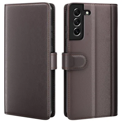 For Samsung Galaxy S21 FE 5G Case Genuine Split Leather Phone Cover with Wallet Stand - Brown