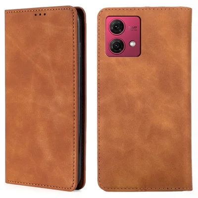 For Motorola Moto G84 5G Case Skin-touch Flip Stand Anti-scratch PU Leather Phone with Card Slots - Light Brown