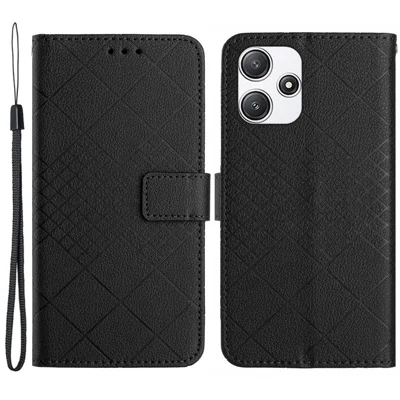 HT06 For Xiaomi Redmi 12 4G / 5G (Global) / Poco M6 Pro 5G Case Rhombus Imprinted Phone Leather Cover - Black