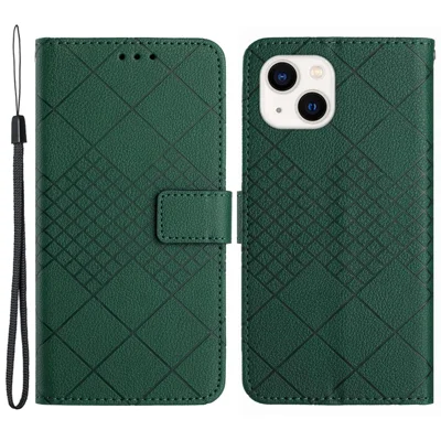 HT06 For iPhone 14 Case PU Leather Rhombus Pattern Imprint Stand Mobile Phone Cover - Green