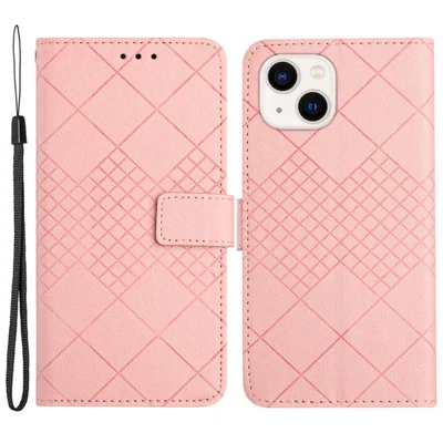 HT06 For iPhone 13 6.1 inch Case Imprint Rhombus Pattern Stand PU Leather Phone Cover - Pink
