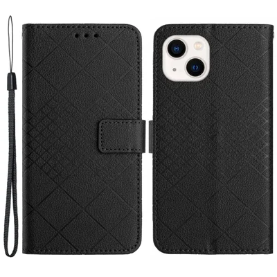 HT06 For iPhone 15 Case PU Leather Rhombus Pattern Scratch-resistant Phone Cover - Black