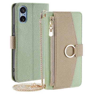 For Sony Xperia 5 V Case Wallet PU Leather Crossbody Phone Cover with Makeup Mirror - Green