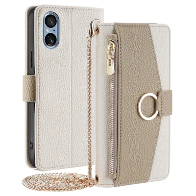 For Sony Xperia 5 V Case Wallet PU Leather Crossbody Phone Cover with Makeup Mirror - White