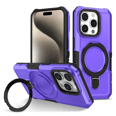 For iPhone 15 Pro Max Ring Kickstand Case TPU + PC Magnetic Phone Cover - Purple