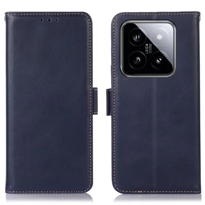 Voor Xiaomi 14 Pro hoesje van echt koeienleer met RFID-blokkering en standaard telefoonhoes - Blauw